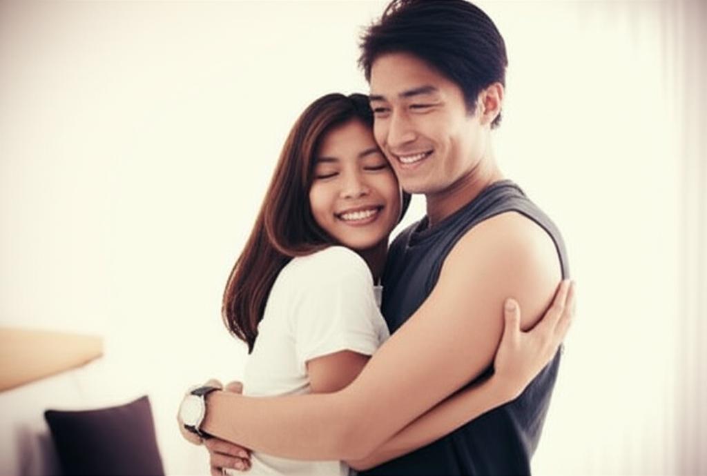 Happy young Asian couple smiling and hugging in a bedroom, morning light, realistic photo