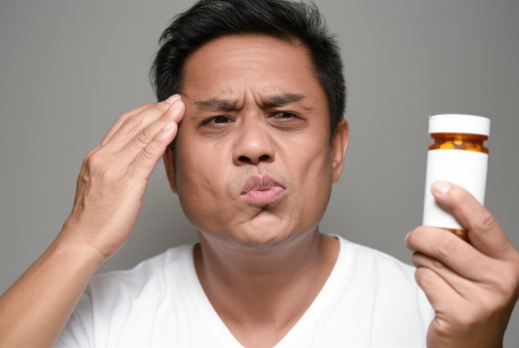 Middle-aged Asian man looking stressed, holding a pill bottle