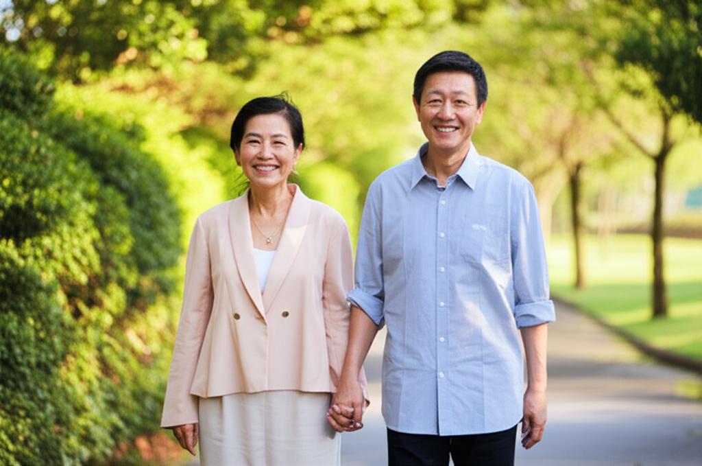 ai prompt: smiling middle aged asian couple holding hands walking in a park, warm and happy atmosphere, realistic photo