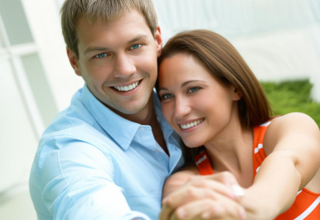 A man smiling confidently, holding hands with a happy woman, looking energetic and vibrant, realistic photo