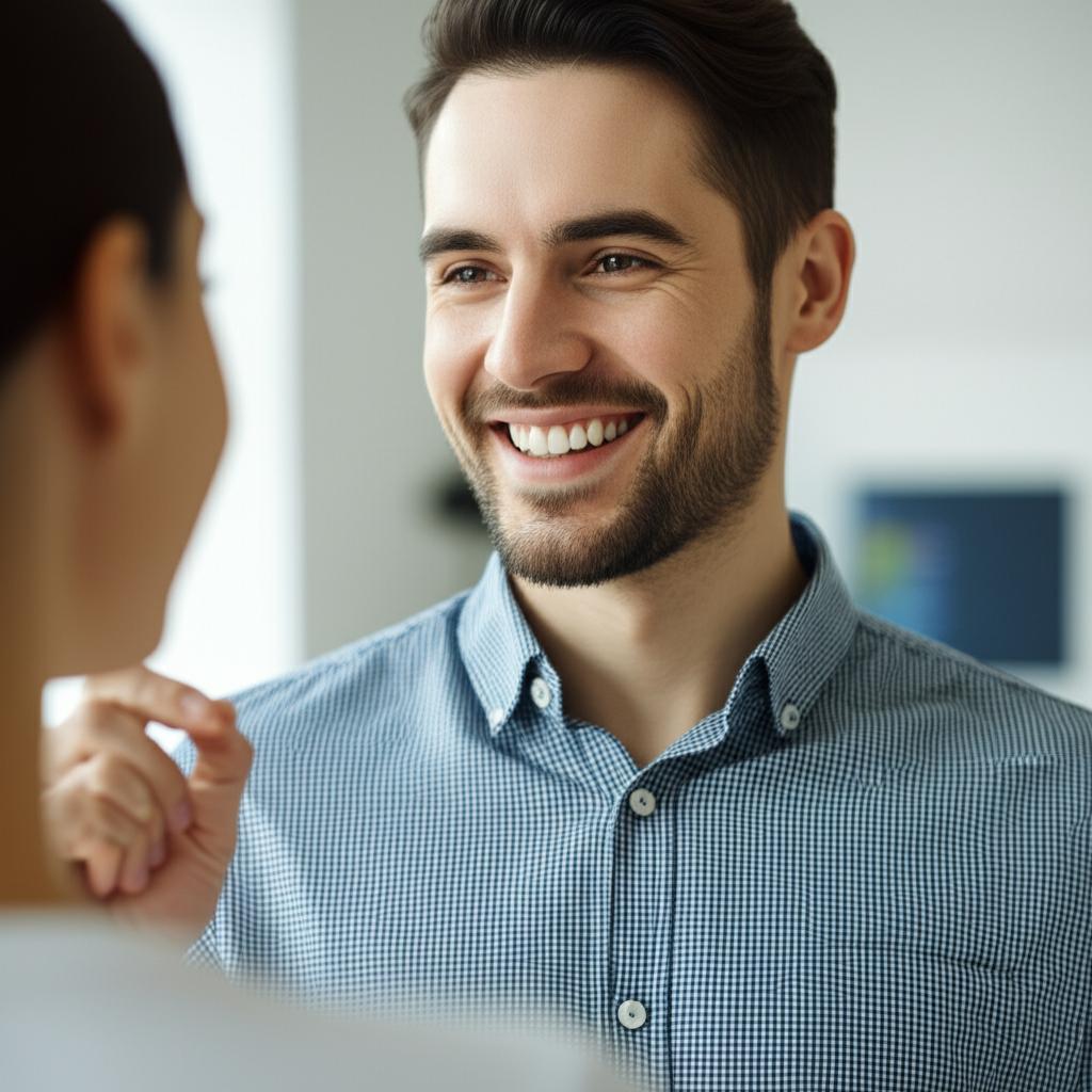 Man looking energetic and confident, smiling with partner AI prompt