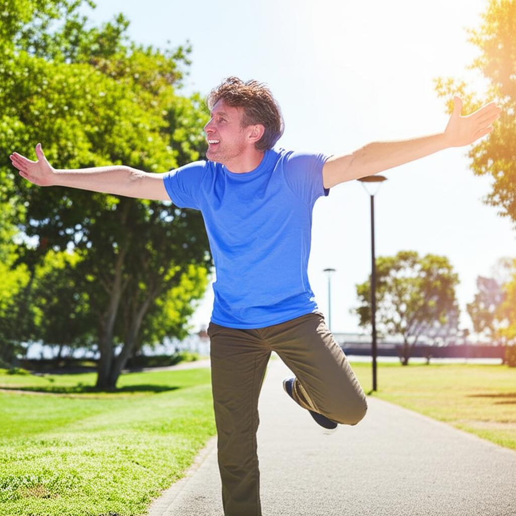 Image of the same man from Image 1, but now looking energetic and happy, perhaps outdoors or engaging in an activity, suggesting renewed vitality.