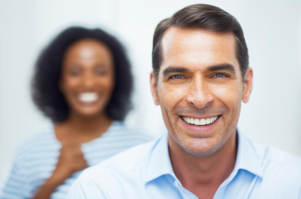 Middle-aged man looking energetic and smiling with his partner in the background