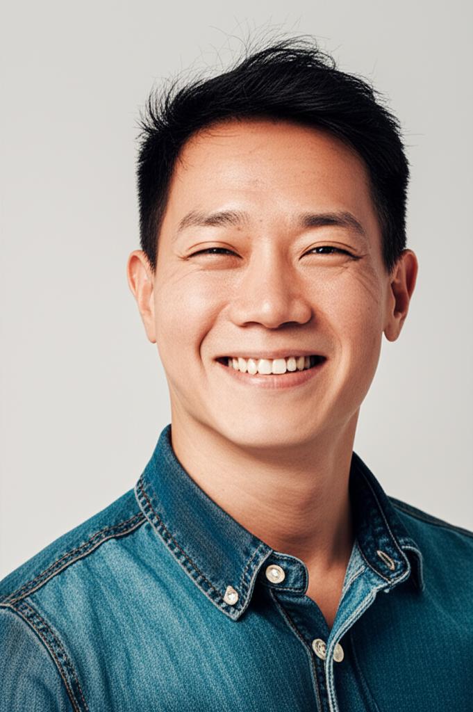 asian man smiling, looking energetic, warm colors, before and after concept