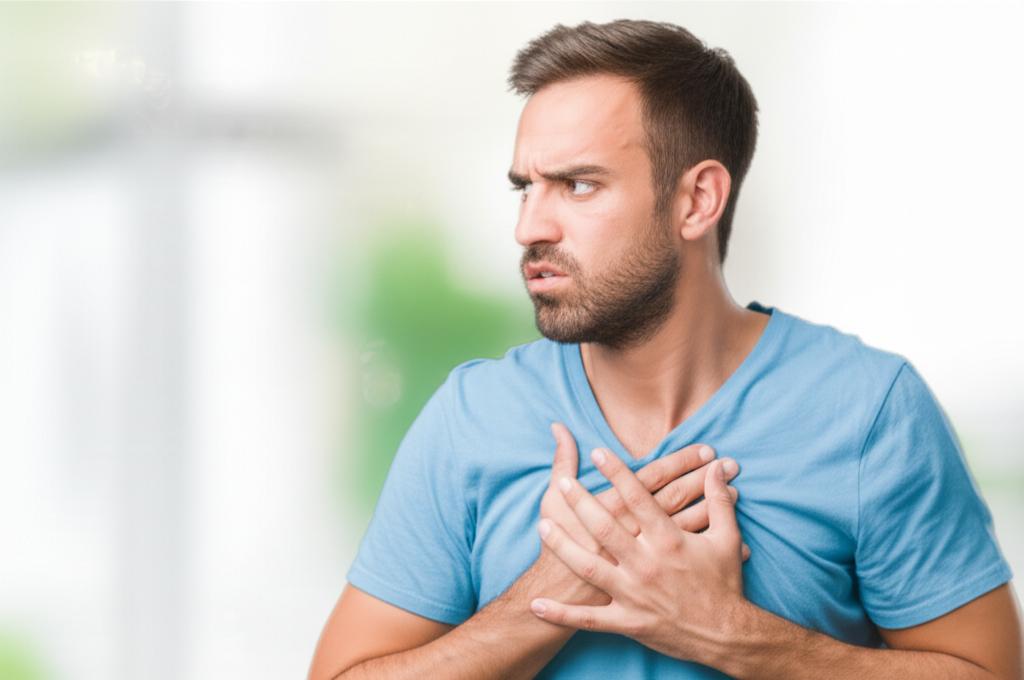 Man looking concerned about health, holding chest, blurry background, realistic photo