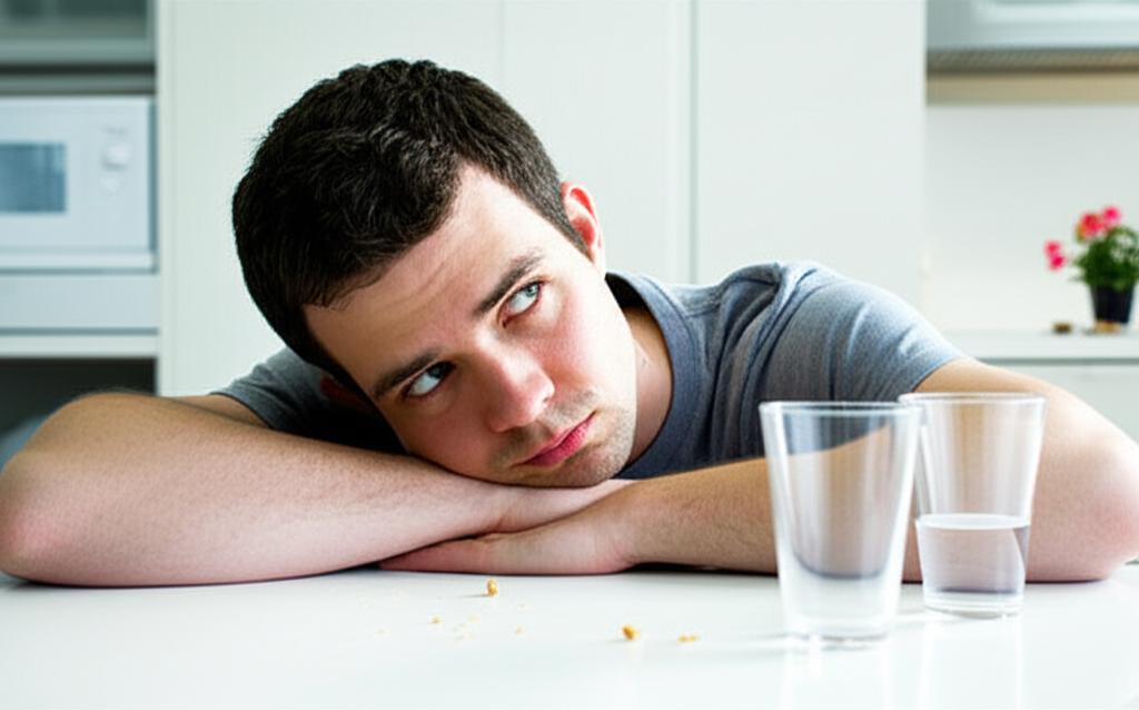 Man looking tired and thoughtful after a night out, contemplating his energy levels.
