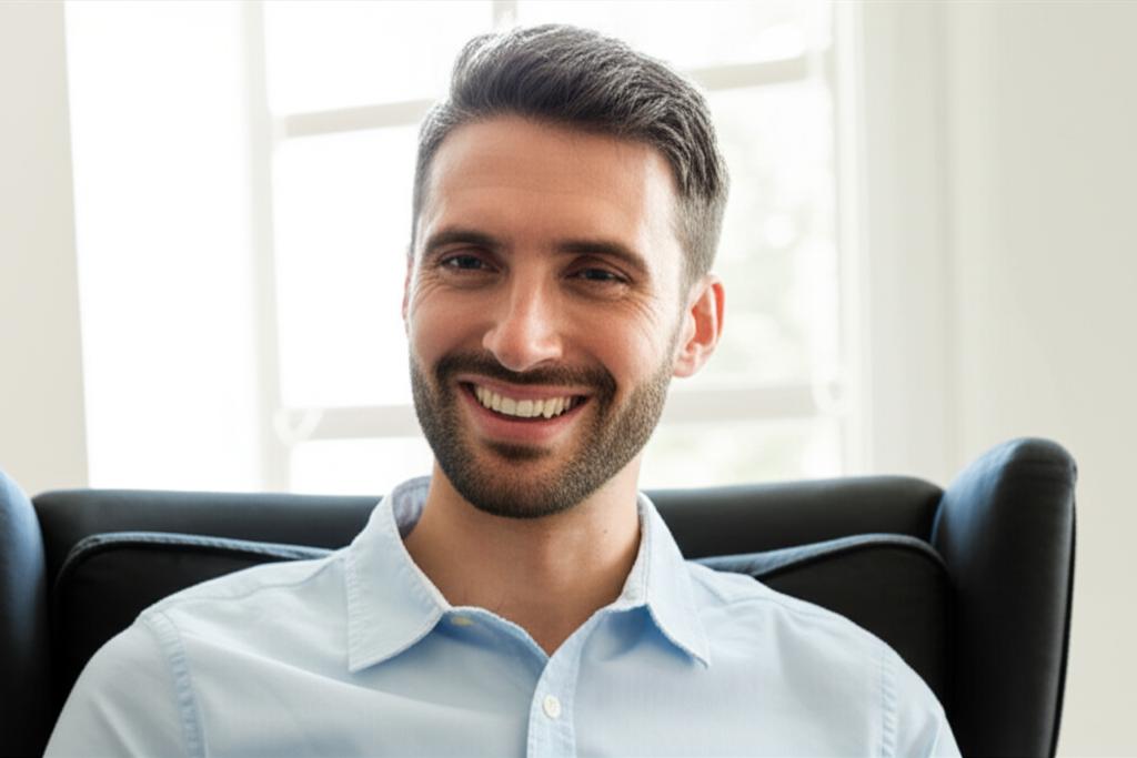 Man looking confident and happy, possibly in a relaxed setting, representing restored vitality.