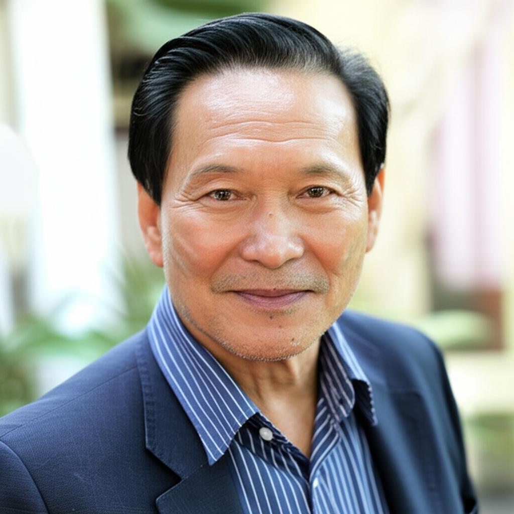 Asian man in his late 50s looking confident and healthy, smiling slightly, perhaps in a home or garden setting, realistic photo