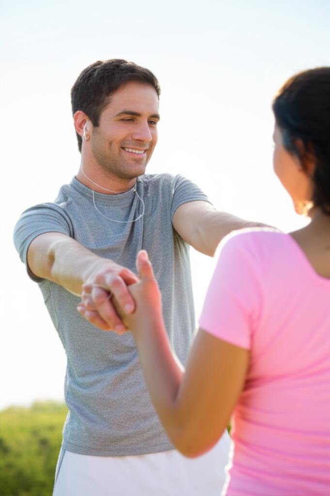 Man looking confident and energetic, perhaps doing light exercise or enjoying time with partner.